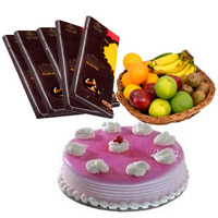 Send 5 Cadbury Bournville Chocolates with 1 Kg Fresh Fruits Basket and 500 gm Strawberry Cake