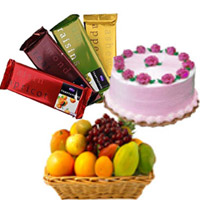 Deliver Gifts in Bangalore. Send 4 Cadbury Temptation Bars with 500 gm Strawberry Cake and 1 Kg Fresh Fruits Basket