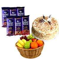 6 Dairy Milk Silk Chocolates with 500 gm Butter Scotch Cake and 1 Kg Fresh Fruits Basket to Bangalore
