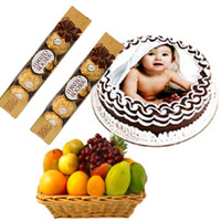 Deliver 1 Kg Fresh Fruits Basket with 10 Pcs Ferrero Rocher and 1 Kg Chocolate Photo Cake in Bangalore