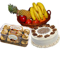 Buy Fruits Online Bangalore, 1 Kg Fresh Fruits Basket with 16 pcs Ferrero Chocolates and 500 gm Vanilla Cake to Bangalore