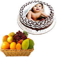 Online Gift Delivery in Bangalore. 1 Kg Chocolate Photo Cake with 2 Kg Fresh Fruits Basket