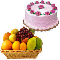 Select Online New Year Gifts to Bengaluru consisting 1 Kg Fresh Fruits Basket with 500 gm Strawberry Cake