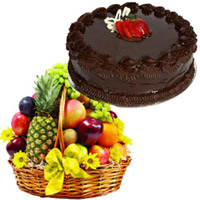 Send Online Gifts to Bangalore as 3 Kg Fresh Fruit Basket with 1 Kg Chocolate Cake