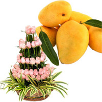 Gifts to Bangalore Midnight Delivery for Pink Flowers Basket 50 Flowers with 12 pcs Fresh Mango