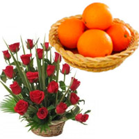 Special New Year Gifts to Bengaluru contain 20 Fresh Red Roses Basket with 12 pcs Orange