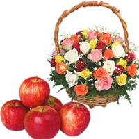 Send Gift to Bangalore as Mixed Roses Basket 45 Flowers in Bangalore with 1 Kg Fresh Apple