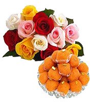Place Order for New Year Gifts to Bangalore consist of 1 kg MotiChoor Laddoo with 12 Mix Roses Bouquet in Bangalore