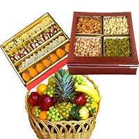 Order Basket of 3 Kg Fresh Fruits with 0.5 kg Mixed Dryfruits and 1 kg Assorted Sweets to Bangalore