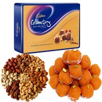 Gifts to Bangalore Midnight Delivery to deliver Online 1 Kg Motichoor Ladoo,1 Kg Dry Fruits and 1 Celebration pack