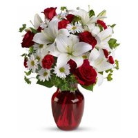 Send 2 White Lily 6 White Gerbera 6 Red Roses Vase in Bengaluru