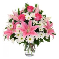 Order Online 2 White Lily 6 Pink Rose 10 White Gerbera Vase to Bengaluru Relatives