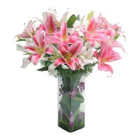 Send 8 Pink White Oriental Lily 2 Orchids in Vase Flowers Bengaluru on Friendship Day