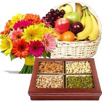 Cheap Online Gifts to Bangalore. Send 12 Mix Gerberas, 3 Kg Fresh Fruit Basket, 0.5 Kg Mixed Dry Fruits