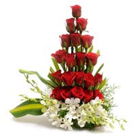 Online Delivery of Rakhi in Bangalore with 4 Orchids 20 Arrangement of Roses in Bangalore