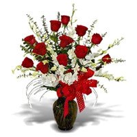 Send 5 White Orchids 12 Red Roses in Vase. Rakhi Flower Delivery in Bangalore