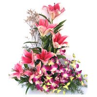 Deliver Flowers to Bengaluru. Buy 6 Pink Lily 6 Orchids Flower Arrangement on Friendship Day