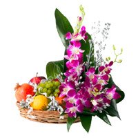 Online New Year Flowers to Mangalore. 5 Purple Orchids 2 Kg Fresh Fruits Basket