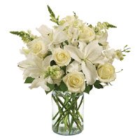 New Year Flowers Delivery for White Lily Roses in Vase of 14 Flowers to Bangalore