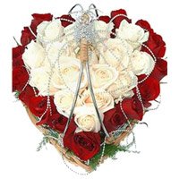 Buy Best New Year Flowers to Bangalore consist of Red White Roses Heart of 40 Flowers to Bengaluru