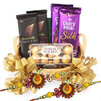 Send Silk, Bournville and Ferrero Rocher Chocolate Basket of Rakhi Gifts to Bangalore