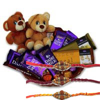 Buy Best Rakhi Gift in Bangalore that includes Twin Teddy Chocolate Basket