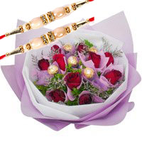 Online Rakhi Gift Delivery of 12 Red Roses 5 Ferrero Rocher Bouquet Bangalore
