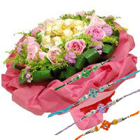 Deliver Online 24 Pink Roses and 24 Pcs Ferrero Rocher Bouquet with Rakhi to Bangalore