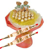 Order for 16 Pcs Ferrero Rocher Chocolate and Rakhi to Bangalore with Twin 6 Inch Teddy Bouquet on Rakhi