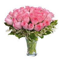 Send Pink Roses in Vase of 50 New Year Flowers to Bengaluru