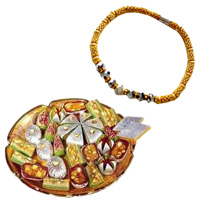 Golden Brasslet Fancy Rakhi 001 and 500gm Assorted Kaju Sweets with Roli Tikka