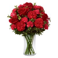 Online Red Roses Red Carnations in Vase 20 Flowers in Bangalore with Rakhi