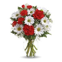 Send Rakhi Flowers to Bangalore. White Gerbera Red Carnation Vase 12 Flowers to Bangalore