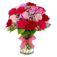 Deliver Red Carnation Pink Red Rose in Vase 12 Flowers to Bangalore on Rakhi