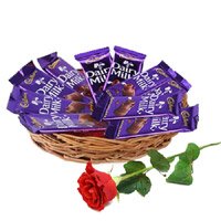 Order 12 Dairy Milk Chocolate Basket With 1 Red Rose Flowers Bud Bangalore for New Year
