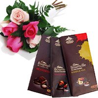 Deliver 3 Bournville Chocolates With 6 Red Pink Roses and Rakhi Gifts to Bangalore
