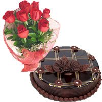 Place Online Order for 1 Kg Chocolate Cake and 12 Red Roses Bouquet with Diwali Gifts in Bangalore