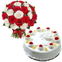 Online New Year Cakes in Bangalore. Send 1 Kg Pineapple Cake 24 Red White Roses Bouquet