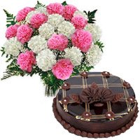 Exclusive Diwali Gift Pack of 12 Pink White Carnation Bouquet and 1 Kg Chocolate Cake to Bangalore