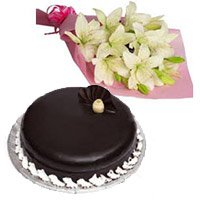 Send 6 White Lily Bouquet 1 Kg Chocolate Truffle Cake as Gifts to Bangalore