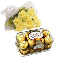 Order Rakhi to Bangalore with 10 Yellow Carnation 16 Pcs Ferrero Rocher Chocolate to Bangalore Same Day Delivery