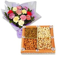 Same Day Diwali Gifts Delivery in Bangalore consist of 12 Mixed Carnation With 1/2 Kg Dry Fruits to Bangalore