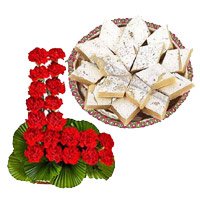 Buy 24 Red Carnation Basket with 1/2 Kg Kaju Burfi Sweet in Bengaluru. Diwali Gifts Delivery in Bangalore Same Day
