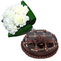 Order Online 12 White Carnation, 1 Kg Chocolate Cake to Bangalore on Friendship Day