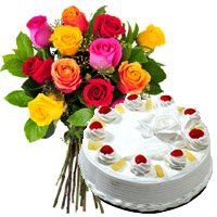 Consist of 12 Mix Roses and 1 Kg Pineapple Cake as well as New Year Flowers in Bangalore