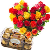 Buy 30 Mix Roses in Heart Arangement and 16 Pcs Ferrero Rocher Chocolates in Bengaluru