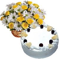 Send 30 White Gerbera Yellow Roses Basket Bangalore and 1 Kg Eggless Pineapple Cake