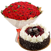 Order for Diwali Gifts in Bengaluru be made up of 100 Red Roses 1 Kg Black Forest Cake From 5 Star Hotel