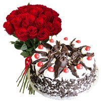 Friendship Day Cake of 24 Red Roses, 1 Kg Black Forest Cake to Bangalore from 5 Star Bakery