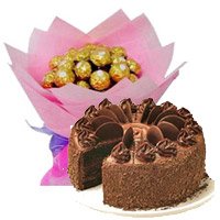 Send 1 Kg Chocolate Cake 5 Star Bakery with 16 Pcs Ferrero Rocher Bouquet Bangalore